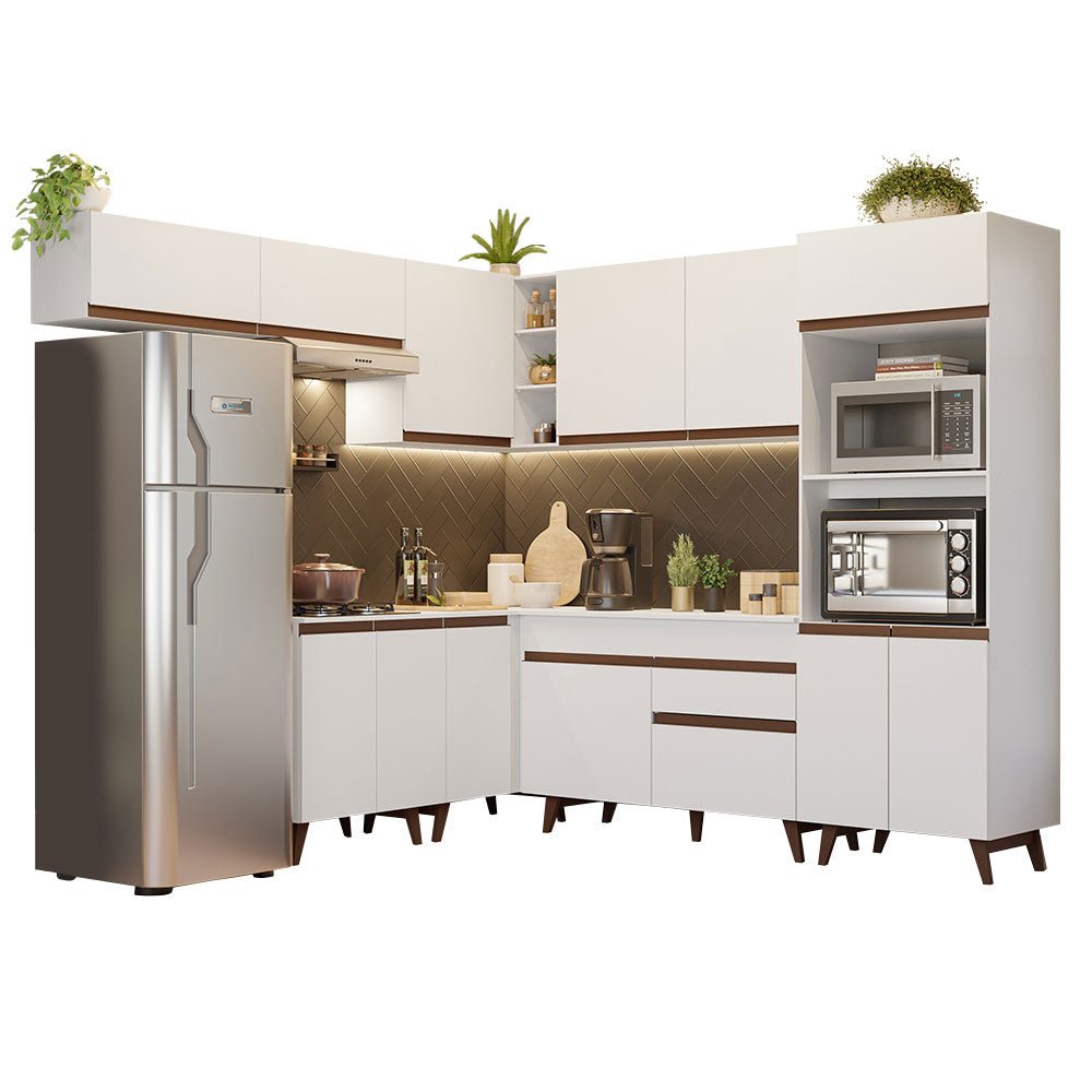 Cocina Integral Esquinero Modular Reims Blanco 472x210cm con Mesón de Madera Aglomerada Mdp sin Estufa con Un Cajón y con Veintidós Entrepaños - COCINAS | Bylmo