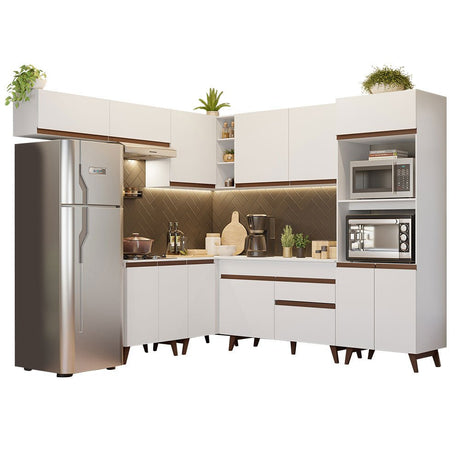 Cocina Integral Esquinero Modular Reims Blanco 472x210cm con Mesón de Madera Aglomerada Mdp sin Estufa con Un Cajón y con Veintidós Entrepaños - COCINAS | Bylmo