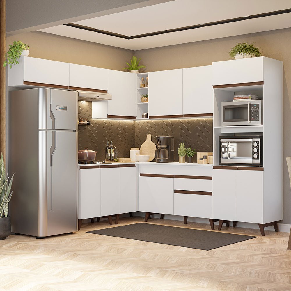 Cocina Integral Esquinero Modular Reims Blanco 472x210cm con Mesón de Madera Aglomerada Mdp sin Estufa con Un Cajón y con Veintidós Entrepaños - COCINAS | Bylmo