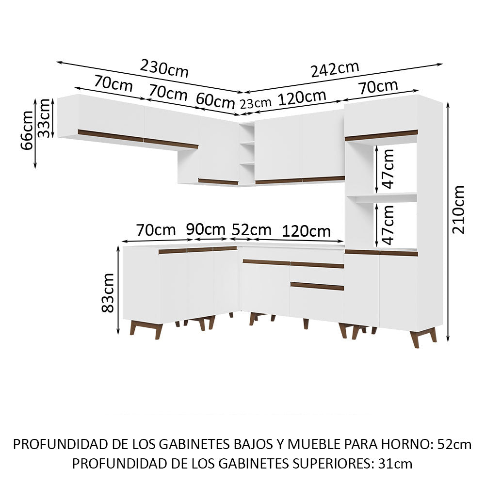 Cocina Integral Esquinero Modular Reims Blanco 472x210cm con Mesón de Madera Aglomerada Mdp sin Estufa con Un Cajón y con Veintidós Entrepaños - COCINAS | Bylmo
