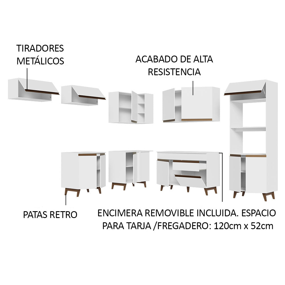 Cocina Integral Esquinero Modular Reims Blanco 472x210cm con Mesón de Madera Aglomerada Mdp sin Estufa con Un Cajón y con Veintidós Entrepaños - COCINAS | Bylmo