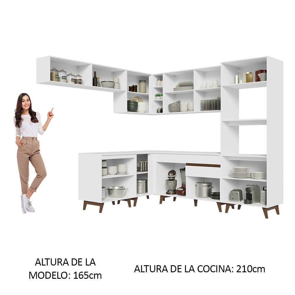 Cocina Integral Esquinero Modular Reims Blanco 472x210cm con Mesón de Madera Aglomerada Mdp sin Estufa con Un Cajón y con Veintidós Entrepaños - COCINAS | Bylmo