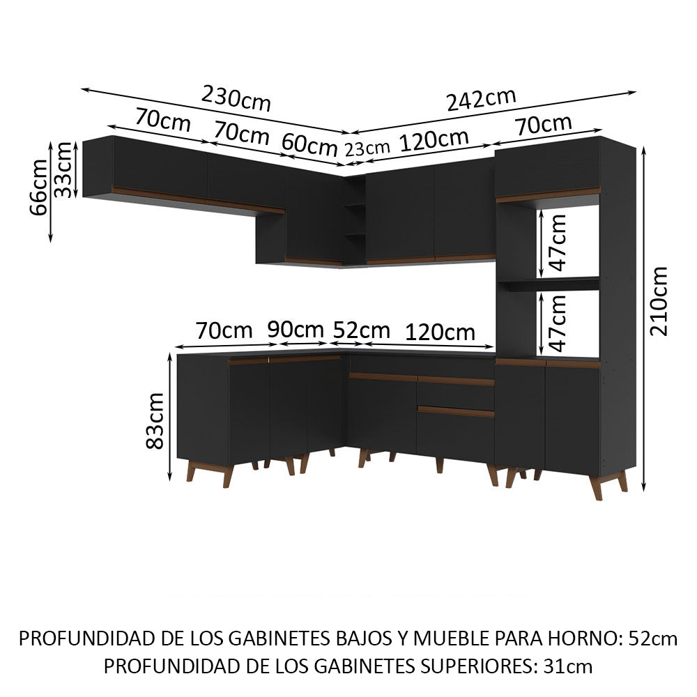 Cocina Integral Esquinero Modular Reims Negro 472x210cm con Mesón de Madera Aglomerada Mdp sin Estufa con Un Cajón y con Veintidós Entrepaños - COCINAS | Bylmo