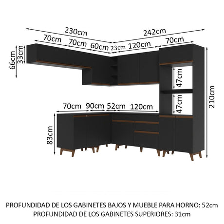 Cocina Integral Esquinero Modular Reims Negro 472x210cm con Mesón de Madera Aglomerada Mdp sin Estufa con Un Cajón y con Veintidós Entrepaños - COCINAS | Bylmo