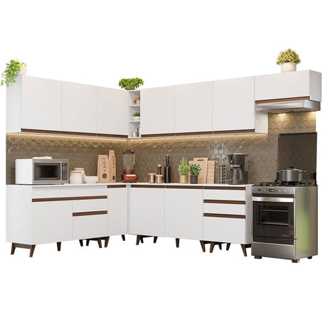 Cocina Integral Esquinero Modular Reims Blanco 512x210cm con Mesón de Madera Aglomerada Mdp sin Estufa con Cuatro Cajones y con Veintitrés Entrepaños - COCINAS | Bylmo