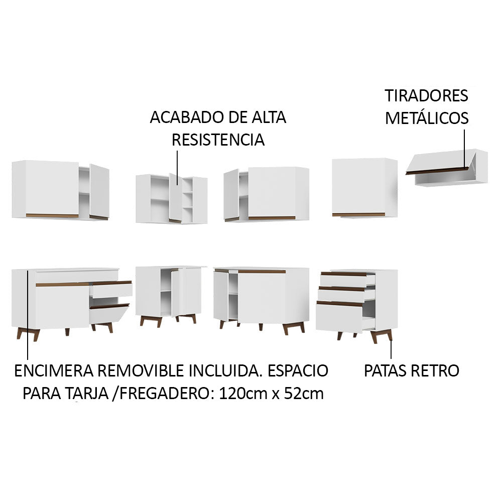 Cocina Integral Esquinero Modular Reims Blanco 512x210cm con Mesón de Madera Aglomerada Mdp sin Estufa con Cuatro Cajones y con Veintitrés Entrepaños - COCINAS | Bylmo
