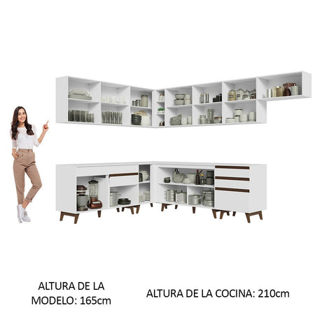Cocina Integral Esquinero Modular Reims Blanco 512x210cm con Mesón de Madera Aglomerada Mdp sin Estufa con Cuatro Cajones y con Veintitrés Entrepaños - COCINAS | Bylmo