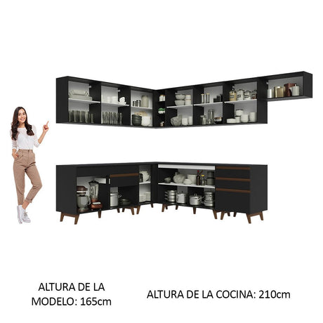 Cocina Integral Esquinero Modular Reims Negro 512x210cm con Mesón de Madera Aglomerada Mdp sin Estufa con Cuatro Cajones y con Veintitrés Entrepaños - COCINAS | Bylmo