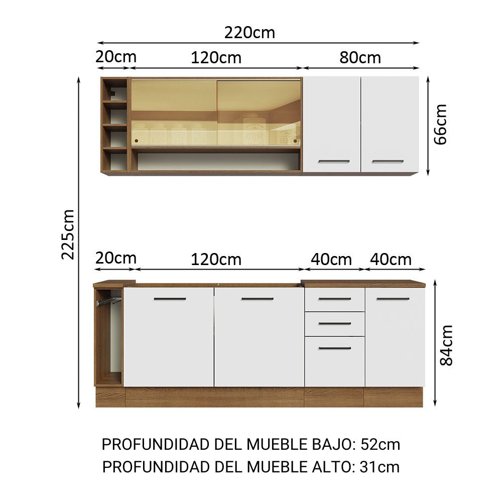 Cocina Integral Modular Agata Marron y Blanco 220x225cm sin Mesón sin Estufa con Tres Cajones y con Diecisiete Entrepaños - COCINAS | Bylmo