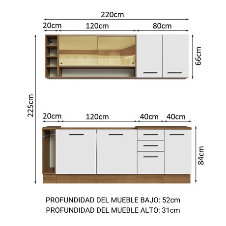 Cocina Integral Modular Agata Marron y Blanco 220x225cm sin Mesón sin Estufa con Tres Cajones y con Diecisiete Entrepaños - COCINAS | Bylmo
