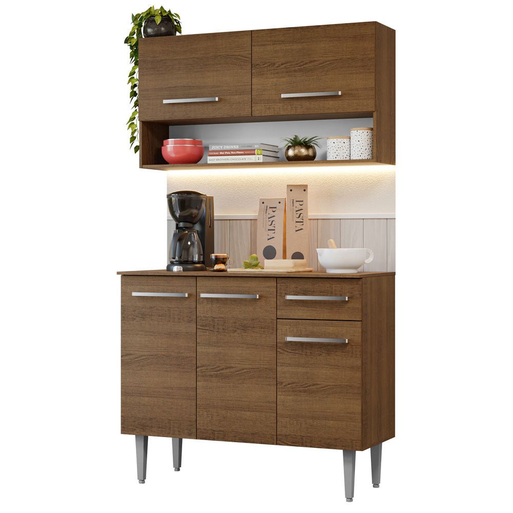 Cocina Integral Modular Emilly Cafe Oscuro 105x186cm con Mesón de Madera Aglomerada Mdp sin Estufa con Un Cajón y con Cinco Entrepaños - COCINAS | Bylmo