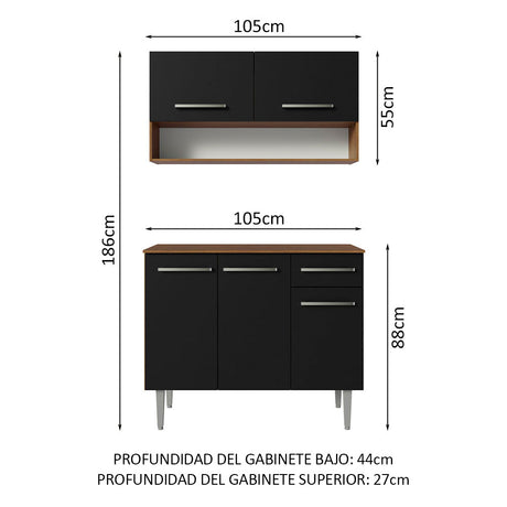 Cocina Integral Modular Emilly Marron y Negro 105x186cm con Mesón de Madera Aglomerada Mdp sin Estufa con Un Cajón y con Cinco Entrepaños - COCINAS | Bylmo