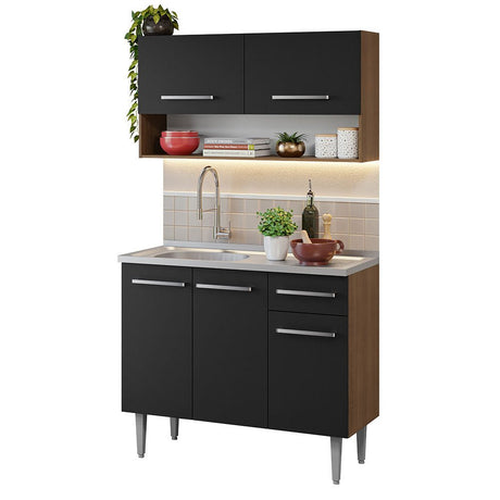 Cocina Integral Modular Emilly Marron y Negro 105x186cm con Mesón de Acero Inoxidable sin Estufa con Un Cajón y con Cinco Entrepaños - COCINAS | Bylmo