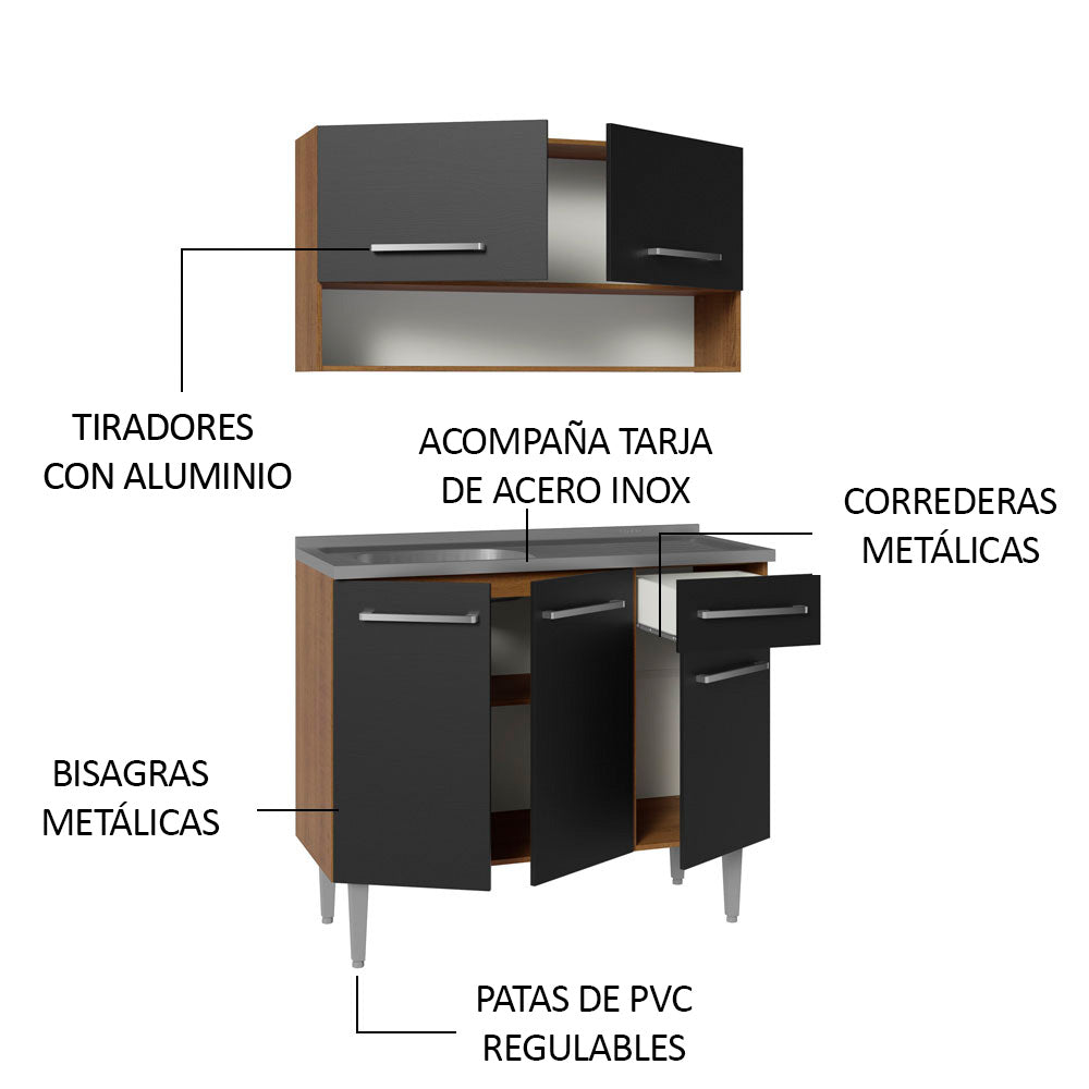 Cocina Integral Modular Emilly Marron y Negro 105x186cm con Mesón de Acero Inoxidable sin Estufa con Un Cajón y con Cinco Entrepaños - COCINAS | Bylmo
