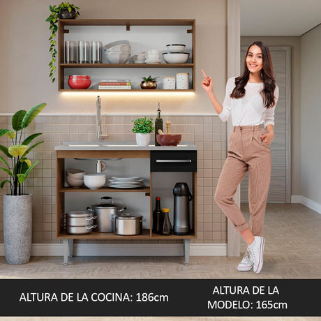 Cocina Integral Modular Emilly Marron y Negro 105x186cm con Mesón de Acero Inoxidable sin Estufa con Un Cajón y con Cinco Entrepaños - COCINAS | Bylmo
