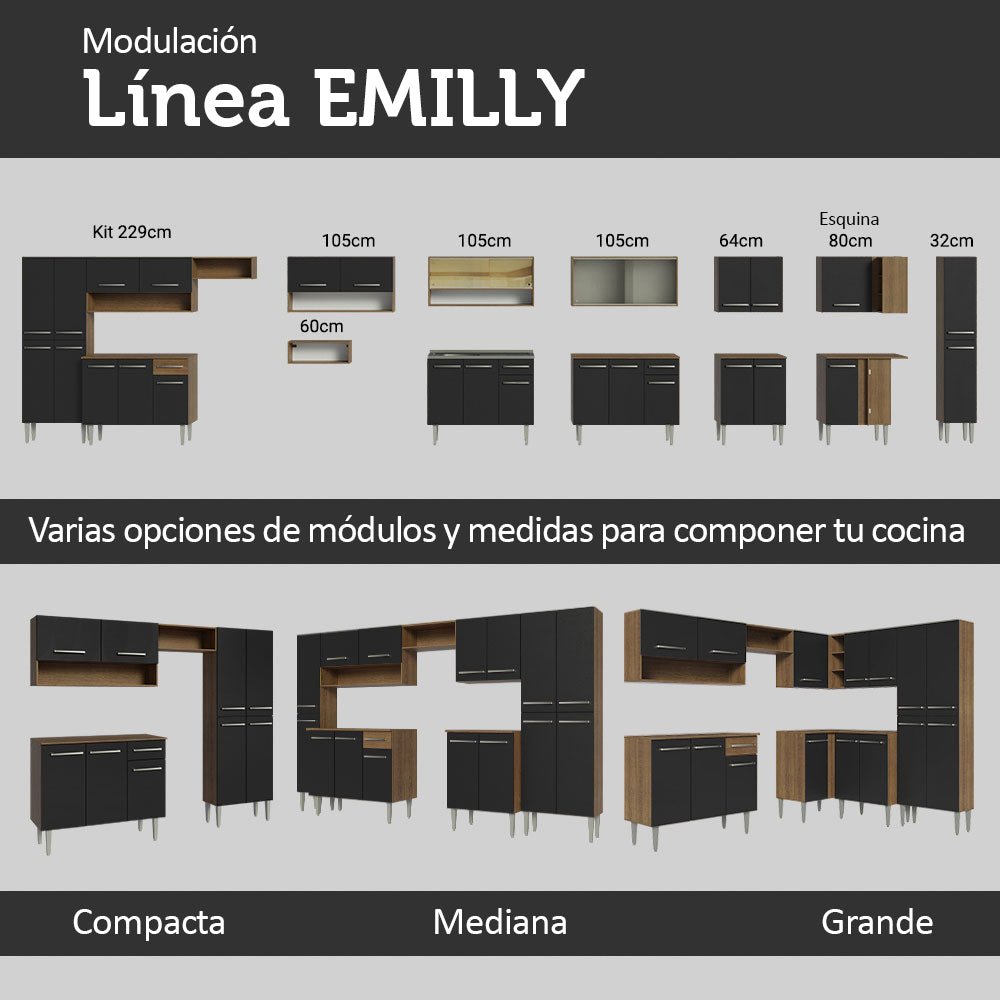 Cocina Integral Modular Emilly Marron y Negro 105x186cm con Mesón de Acero Inoxidable sin Estufa con Un Cajón y con Cinco Entrepaños - COCINAS | Bylmo