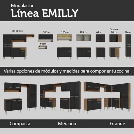Cocina Integral Modular Emilly Marron y Negro 105x186cm con Mesón de Acero Inoxidable sin Estufa con Un Cajón y con Cinco Entrepaños - COCINAS | Bylmo