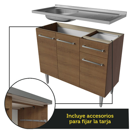 Cocina Integral Modular Emilly Marron y Gris 105x186cm con Mesón de Acero Inoxidable sin Estufa con Un Cajón y con Cinco Entrepaños - COCINAS | Bylmo