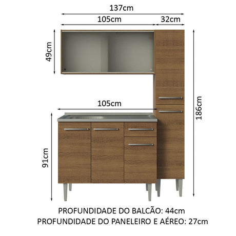 Cocina Integral Modular Emilly Marron 137x186cm con Mesón de Acero Inoxidable sin Estufa con Un Cajón con Puerta de Vidrio Punteado y con Nueve Entrepaños - COCINAS | Bylmo