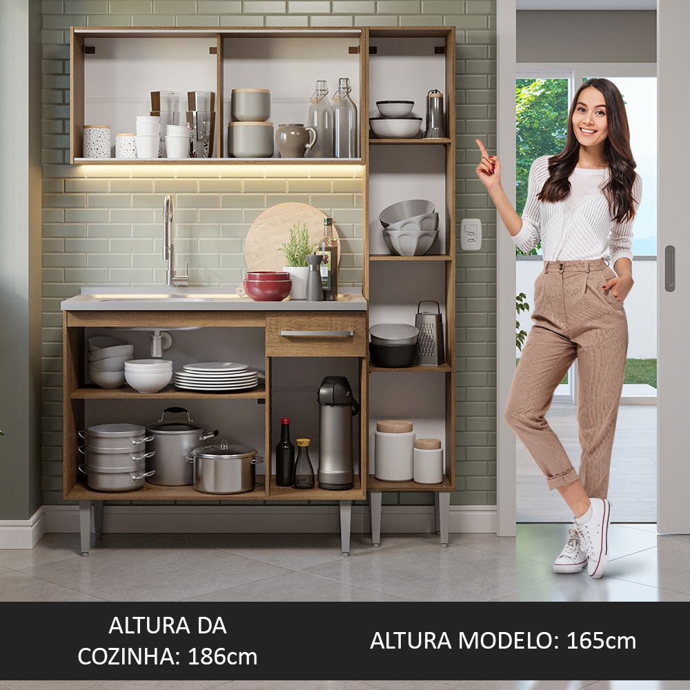 Cocina Integral Modular Emilly Marron 137x186cm con Mesón de Acero Inoxidable sin Estufa con Un Cajón con Puerta de Vidrio Punteado y con Nueve Entrepaños - COCINAS | Bylmo