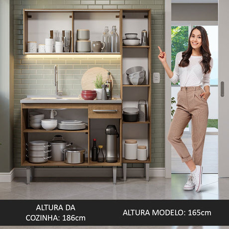 Cocina Integral Modular Emilly Marron 137x186cm con Mesón de Acero Inoxidable sin Estufa con Un Cajón con Puerta de Vidrio Punteado y con Nueve Entrepaños - COCINAS | Bylmo