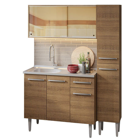 Cocina Integral Modular Emilly Marron 137x186cm con Mesón de Acero Inoxidable sin Estufa con Un Cajón y con Nueve Entrepaños - COCINAS | Bylmo