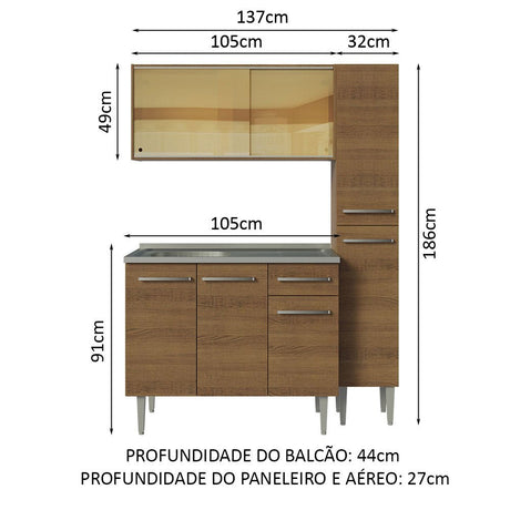 Cocina Integral Modular Emilly Marron 137x186cm con Mesón de Acero Inoxidable sin Estufa con Un Cajón y con Nueve Entrepaños - COCINAS | Bylmo