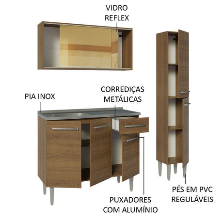 Cocina Integral Modular Emilly Marron 137x186cm con Mesón de Acero Inoxidable sin Estufa con Un Cajón y con Nueve Entrepaños - COCINAS | Bylmo