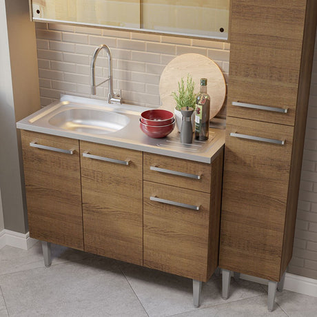 Cocina Integral Modular Emilly Marron 137x186cm con Mesón de Acero Inoxidable sin Estufa con Un Cajón y con Nueve Entrepaños - COCINAS | Bylmo