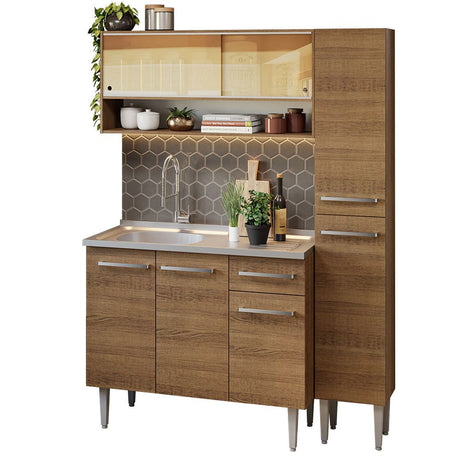 Cocina Integral Modular Emilly Marron 137x186cm con Mesón de Acero Inoxidable sin Estufa con Un Cajón y con Diez Entrepaños - COCINAS | Bylmo