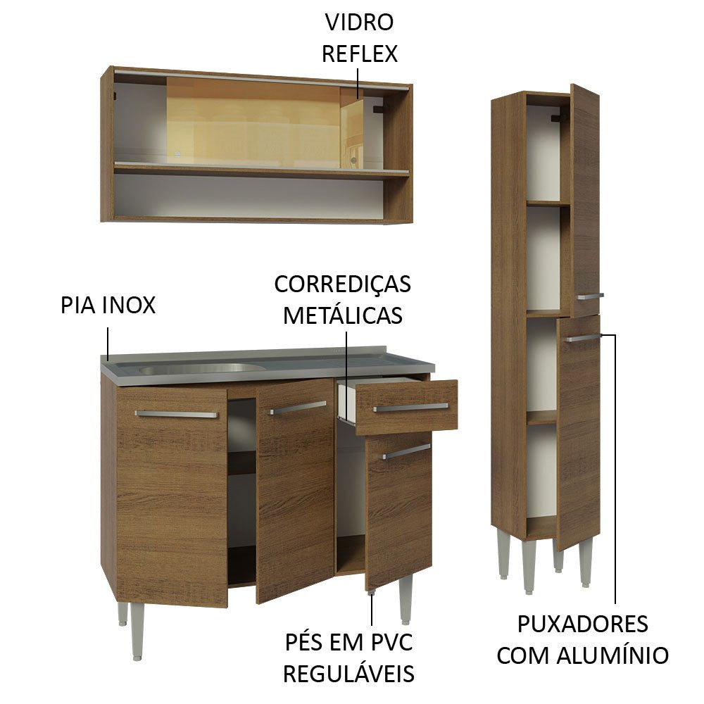 Cocina Integral Modular Emilly Marron 137x186cm con Mesón de Acero Inoxidable sin Estufa con Un Cajón y con Diez Entrepaños - COCINAS | Bylmo