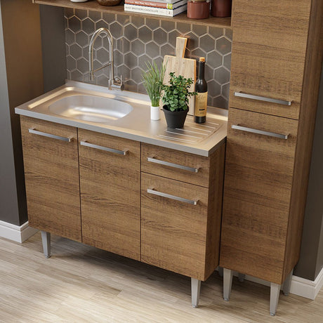 Cocina Integral Modular Emilly Marron 137x186cm con Mesón de Acero Inoxidable sin Estufa con Un Cajón y con Diez Entrepaños - COCINAS | Bylmo