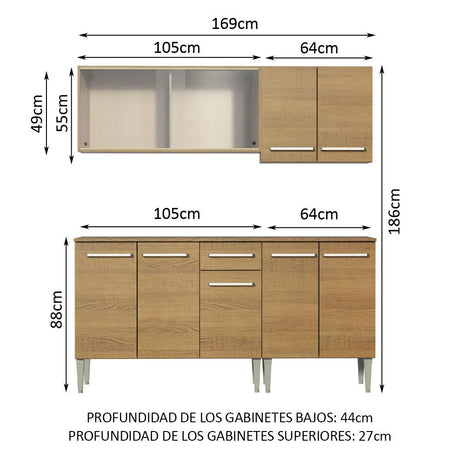 Cocina Integral Modular Emilly Box Marron 169x186cm con Mesón de Madera Aglomerada Mdp sin Estufa con Un Cajón y con Nueve Entrepaños - COCINAS | Bylmo