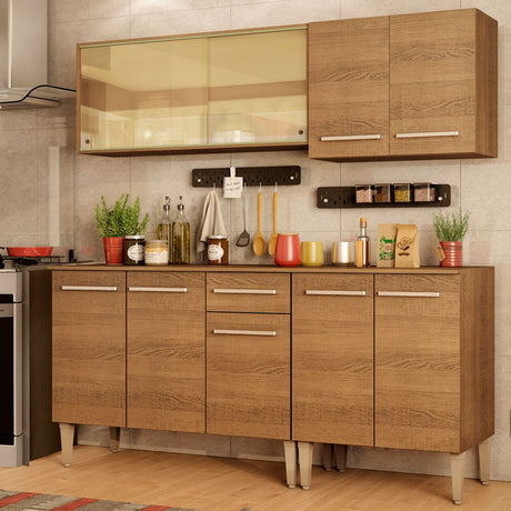 Cocina Integral Modular Emilly Drive Marron 169x186cm con Mesón de Madera Aglomerada Mdp sin Estufa con Un Cajón y con Nueve Entrepaños - COCINAS | Bylmo