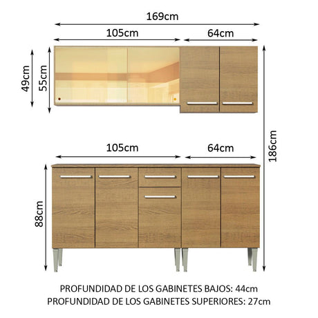 Cocina Integral Modular Emilly Drive Marron 169x186cm con Mesón de Madera Aglomerada Mdp sin Estufa con Un Cajón y con Nueve Entrepaños - COCINAS | Bylmo
