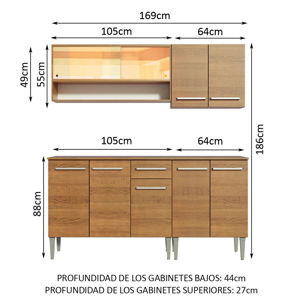 Cocina Integral Modular Emilly Dance Marron 169x186cm con Mesón de Madera Aglomerada Mdp sin Estufa con Un Cajón y con Diez Entrepaños - COCINAS | Bylmo