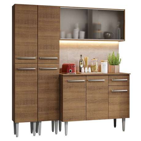 Cocina Integral Modular Emilly Marron 169x186cm con Mesón de Madera Aglomerada Mdp sin Estufa con Un Cajón Con Puerta de Vidrio Punteado y con Trece Entrepaños - COCINAS | Bylmo