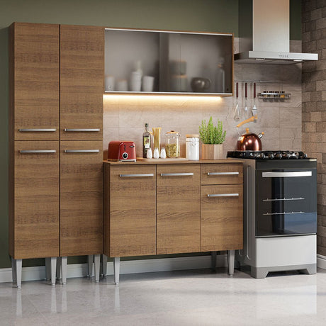 Cocina Integral Modular Emilly Marron 169x186cm con Mesón de Madera Aglomerada Mdp sin Estufa con Un Cajón Con Puerta de Vidrio Punteado y con Trece Entrepaños - COCINAS | Bylmo