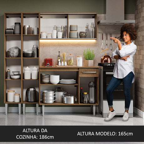 Cocina Integral Modular Emilly Marron 169x186cm con Mesón de Madera Aglomerada Mdp sin Estufa con Un Cajón Con Puerta de Vidrio Punteado y con Trece Entrepaños - COCINAS | Bylmo