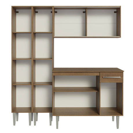 Cocina Integral Modular Emilly Marron 169x186cm con Mesón de Madera Aglomerada Mdp sin Estufa con Un Cajón Con Puerta de Vidrio Punteado y con Trece Entrepaños - COCINAS | Bylmo