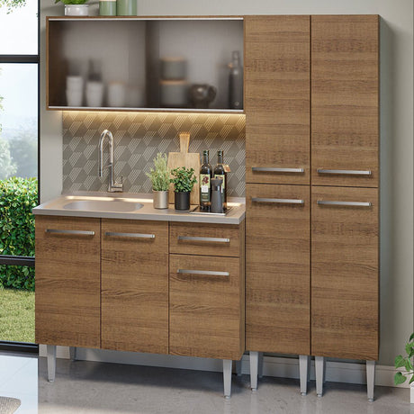 Cocina Integral Modular Emilly Marron 169x186cm con Mesón de Acero Inoxidable sin Estufa con Puerta de Vidrio Punteado y con Trece Entrepaños - COCINAS | Bylmo