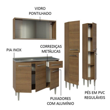 Cocina Integral Modular Emilly Marron 169x186cm con Mesón de Acero Inoxidable sin Estufa con Puerta de Vidrio Punteado y con Trece Entrepaños - COCINAS | Bylmo
