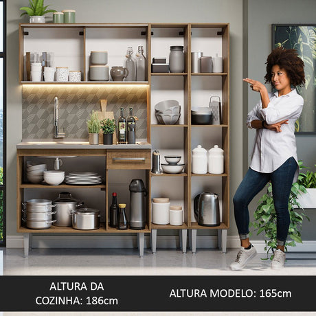 Cocina Integral Modular Emilly Marron 169x186cm con Mesón de Acero Inoxidable sin Estufa con Puerta de Vidrio Punteado y con Trece Entrepaños - COCINAS | Bylmo