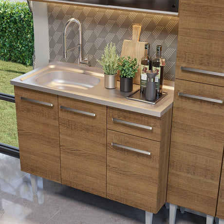 Cocina Integral Modular Emilly Marron 169x186cm con Mesón de Acero Inoxidable sin Estufa con Puerta de Vidrio Punteado y con Trece Entrepaños - COCINAS | Bylmo