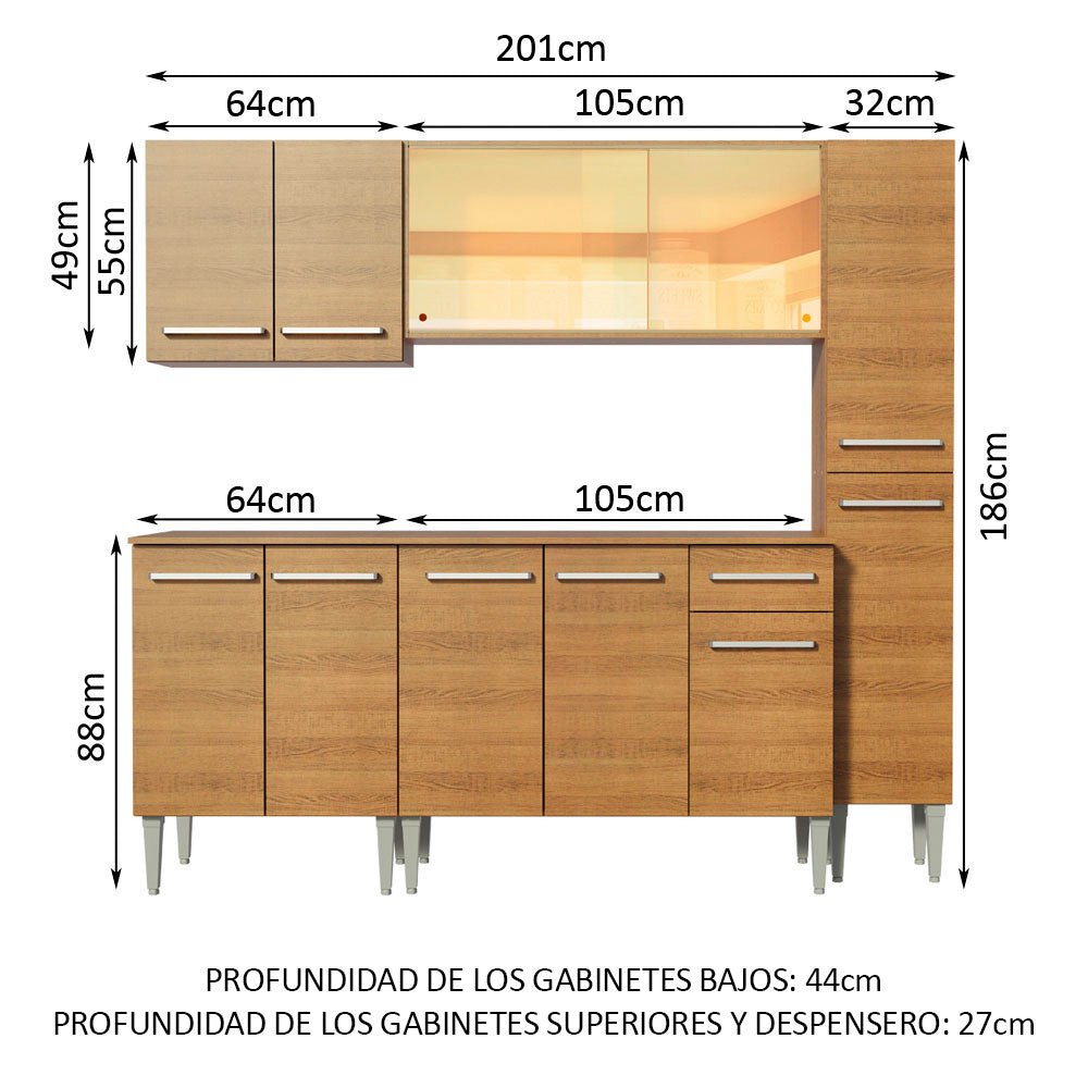 Cocina Integral Modular Emilly West Marron 201x186cm con Mesón de Madera Aglomerada Mdp sin Estufa con Un Cajón y con Trece Entrepaños - COCINAS | Bylmo