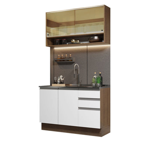 Cocina Integral Modular Glamy Marron y Blanco 120x225cm sin Mesón sin Estufa con Tres Cajones y con Siete Entrepaños - COCINAS | Bylmo