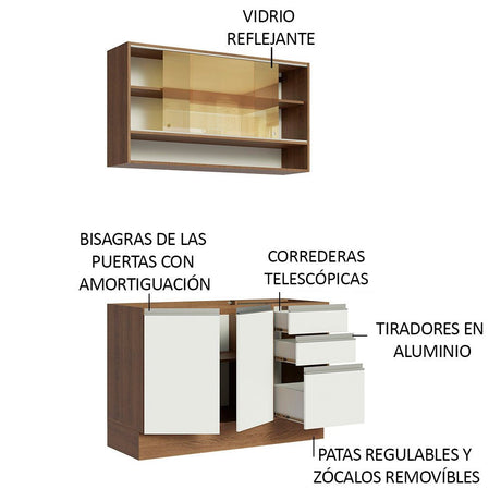 Cocina Integral Modular Glamy Marron y Blanco 120x225cm sin Mesón sin Estufa con Tres Cajones y con Siete Entrepaños - COCINAS | Bylmo