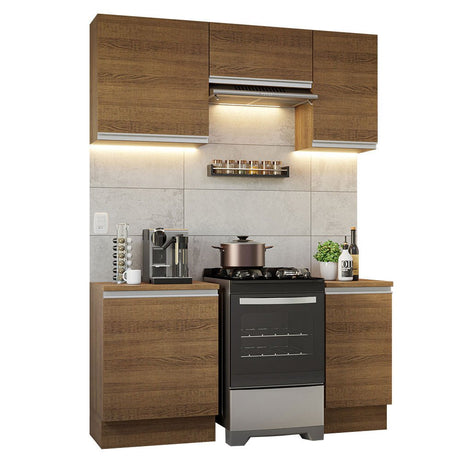 Cocina Integral Modular Glamy Marron 160x225cm con Mesón de Madera Aglomerada MDP sin Estufa y con Cinco Puertas - COCINAS | Bylmo