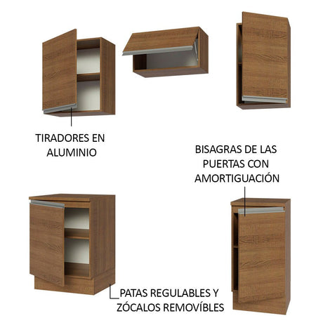 Cocina Integral Modular Glamy Marron 160x225cm con Mesón de Madera Aglomerada MDP sin Estufa y con Cinco Puertas - COCINAS | Bylmo