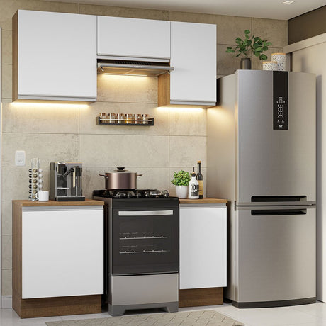 Cocina Integral Modular Glamy Marron y Blanco 160x225cm con Mesón de Madera Aglomerada MDP sin Estufa y con Cinco Puertas - COCINAS | Bylmo